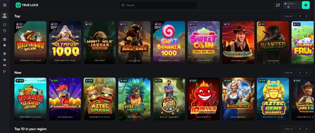 Interface du casino en ligne TrueLuck Casino – page d'accueil avec jeux populaires